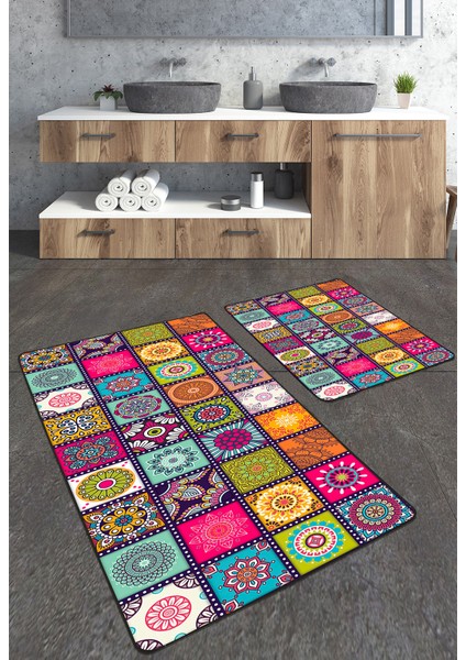 Patchwork Desenli 2'li Büyük Boy Banyo Paspas Seti