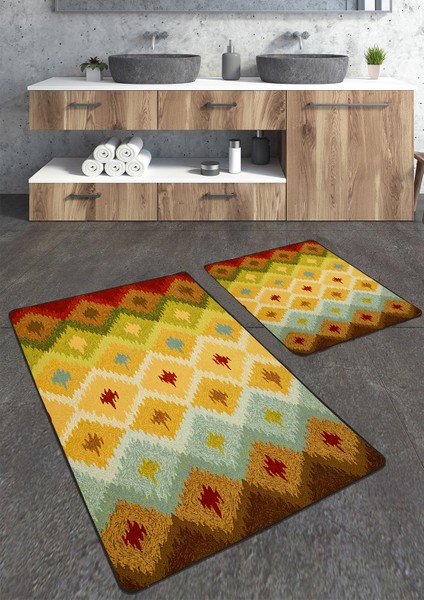 Sarı Kilim Desenli 2'li Büyük Boy Banyo Paspas Seti