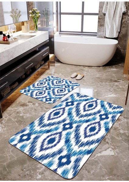 Mavi Kilim Desenli 2'li Büyük Boy Banyo Paspas Seti