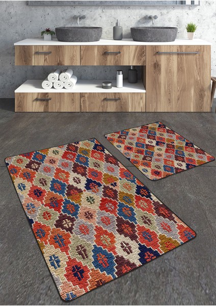 Turunculu Kilim Desenli 2'li Büyük Boy Banyo Paspas Seti