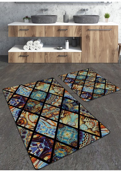 Renkli Mozaik Desenli 2'li Büyük Boy Banyo Paspas Seti
