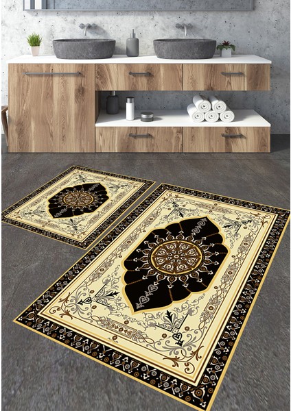 Etnik Klasik Desenli 2'li Büyük Boy Banyo Paspas Seti