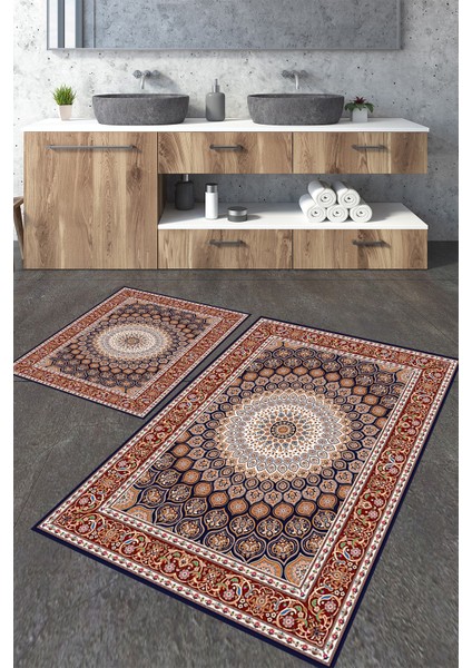 Klasik Göbekli Desenli 2'li Büyük Boy Banyo Paspas Seti