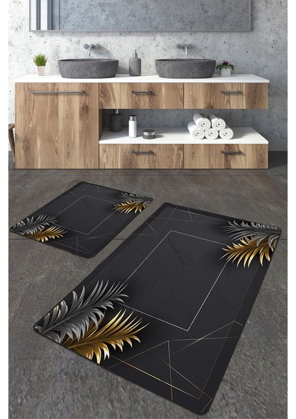 Modern Gold Yaprak Desenli 2'li Büyük Boy Banyo Paspas Seti
