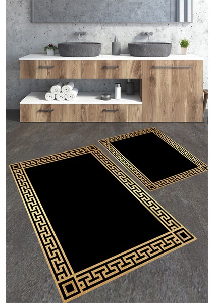 Simli Gold Çerçeveli 2'li Büyük Boy Banyo Paspas Seti