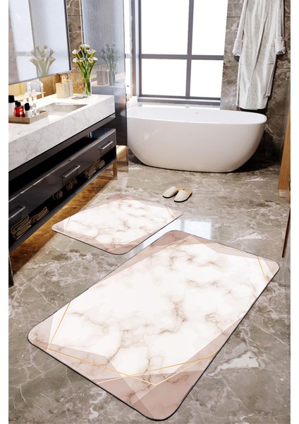 Sütlükahve Mermer Desenli 2'li Büyük Boy Banyo Paspas Seti