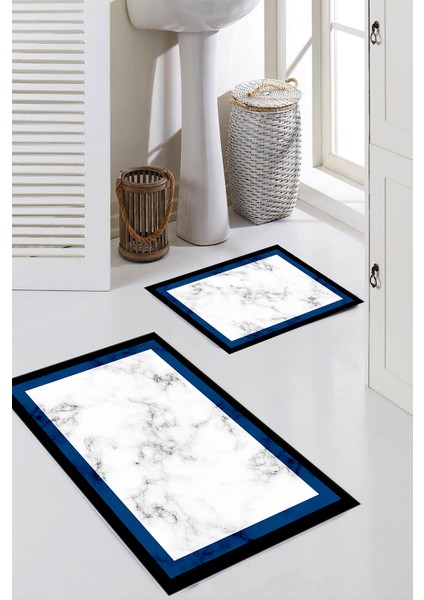 Mavi Çerçeveli Mermer Desenli 2'li Büyük Boy Banyo Paspas Seti
