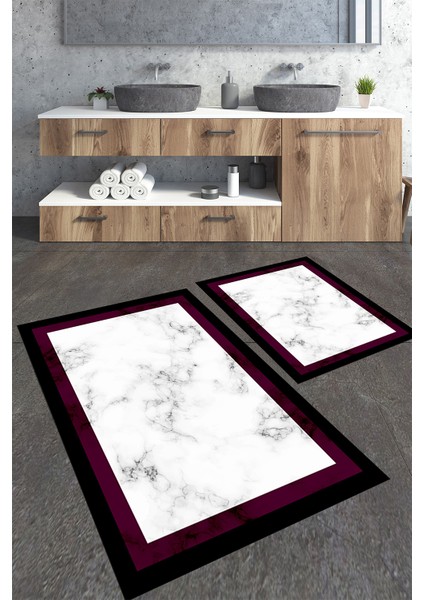 Çerçeveli Mermer Desenli 2'li Büyük Boy Banyo Paspas Seti