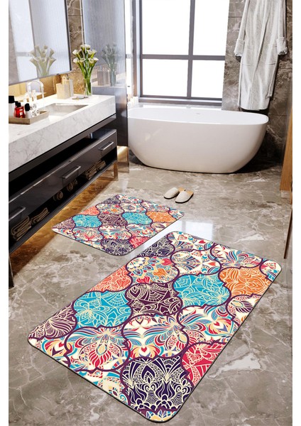 Etnik Desenli 2'li Büyük Boy Banyo Paspas Seti