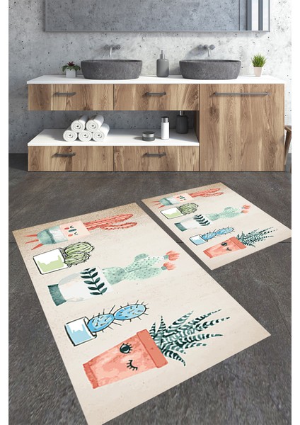 Modern Kaktüs Desenli 2'li Büyük Boy Banyo Paspas Seti