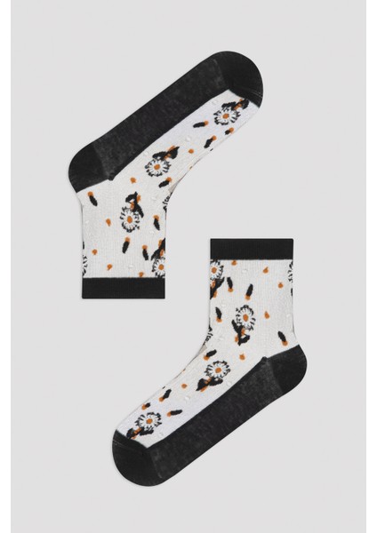 Siyah Çicek Desenli Soket Çorap