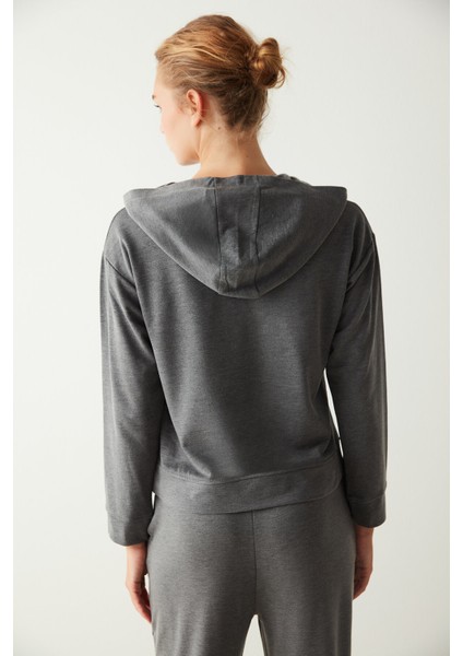 Koyu Gri Uzun Kollu Kapüşonlu Termal Sweatshirt