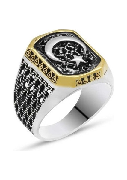 925 Ayar Gümüş Türk Bayrağı Ay Yıldız Erkek Yüzük