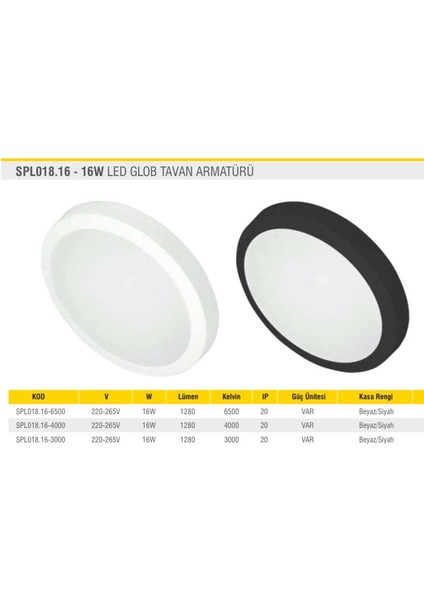 16W LED Glob Tavan Armatürü Si̇yah Gövde 5 Adet