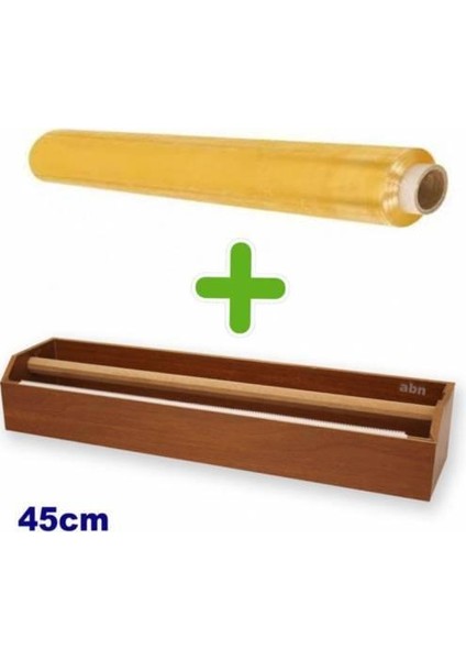 Geniş Tip 45CM Ahşap Streç Kesim Standı+1 Rulo 300M Uzun Boy 45CM Gıda Streci Hediye,gıda Koruma Set