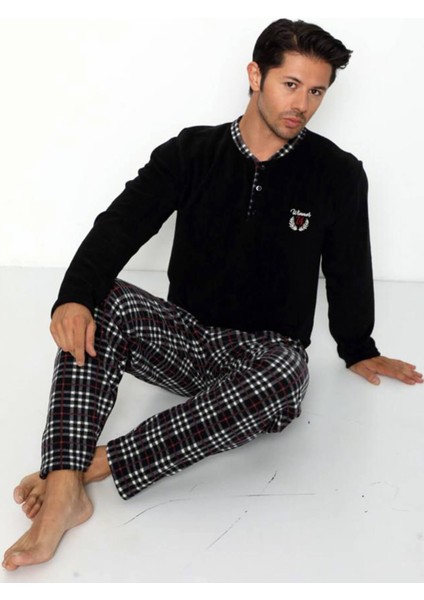 Siyah Winner Baskılı Polar Erkek Pijama Takımı modelleri