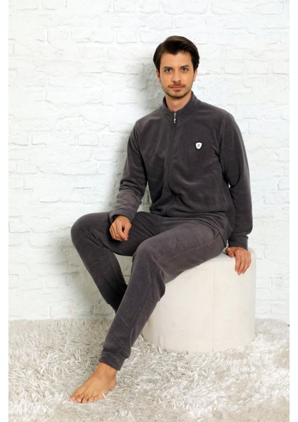Gri Önden Fermuarlı Uzun Kollu Polar Erkek Pijama Takımı modelleri