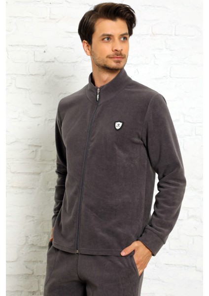 Gri Önden Fermuarlı Uzun Kollu Polar Erkek Pijama Takımı