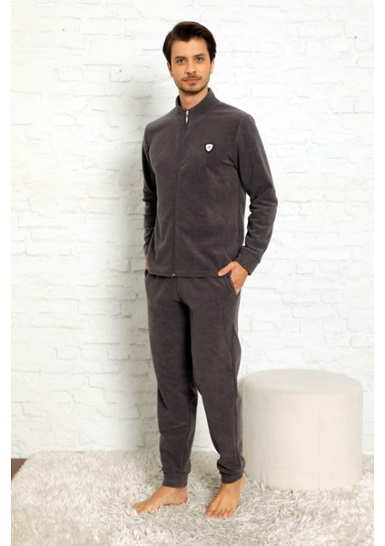 Gri Önden Fermuarlı Uzun Kollu Polar Erkek Pijama Takımı fiyatları