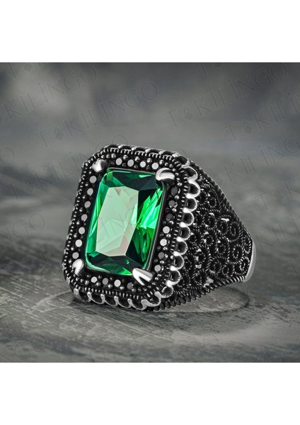 925 Ayar Gümüş Yeşil Zirkon Taşlı Usta Işi Erkek Yüzük modelleri