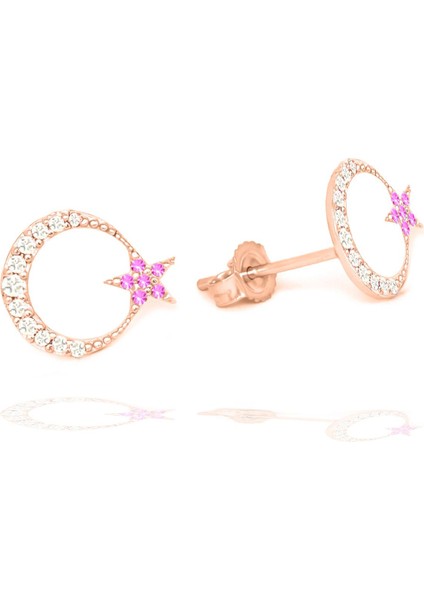 925 Ayar Gümüş Ay Yıldız Pembe Zirkon Taşlı Rose Gold Kadın Küpe