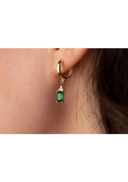 Emerald Cut Kadın Yeşil Taşlı Zarif Halka Küpe 14 Ayar Altın