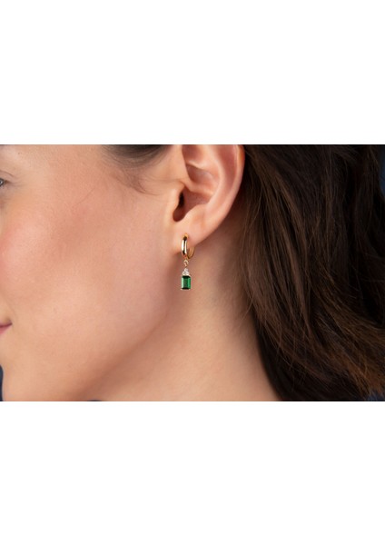 Emerald Cut Kadın Yeşil Taşlı Zarif Halka Küpe 14 Ayar Altın fiyatları