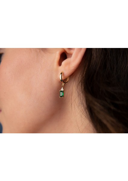 Emerald Cut Kadın Yeşil Taşlı Zarif Halka Küpe 14 Ayar Altın modelleri