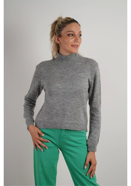 Kadın Balıkçı Yaka Triko Kazak Gri