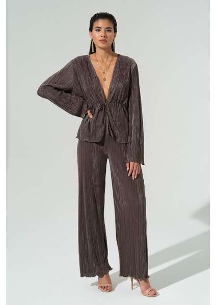 2'li Piliseli Yeşil Bluz Pantolon Takım S27269