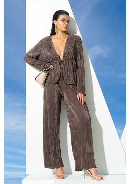 2'li Piliseli Yeşil Bluz Pantolon Takım S27269