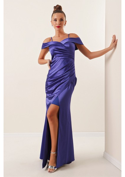 Kayık Yaka Eteği Pileli Astarlı Saten Uzun Elbise Saks