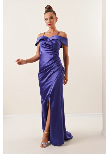 Kayık Yaka Eteği Pileli Astarlı Saten Uzun Elbise Saks fiyatları