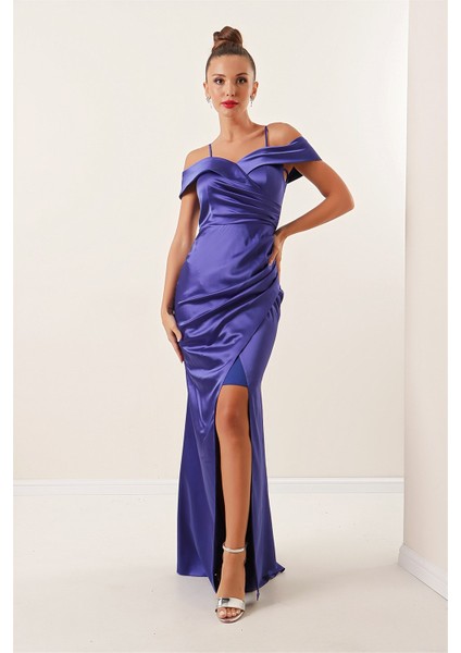 Kayık Yaka Eteği Pileli Astarlı Saten Uzun Elbise Saks modelleri