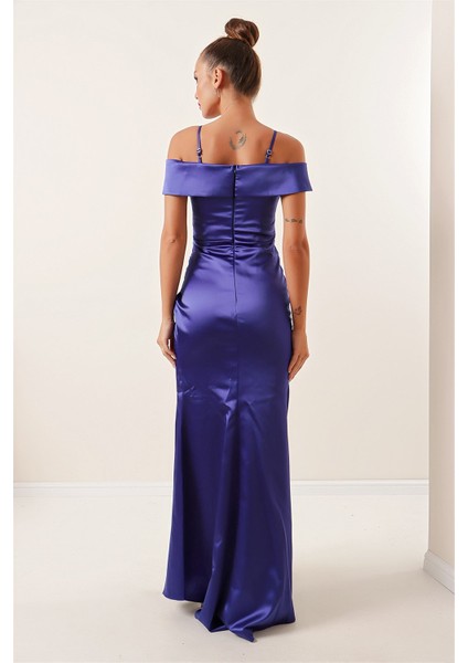 Kayık Yaka Eteği Pileli Astarlı Saten Uzun Elbise Saks fırsatları