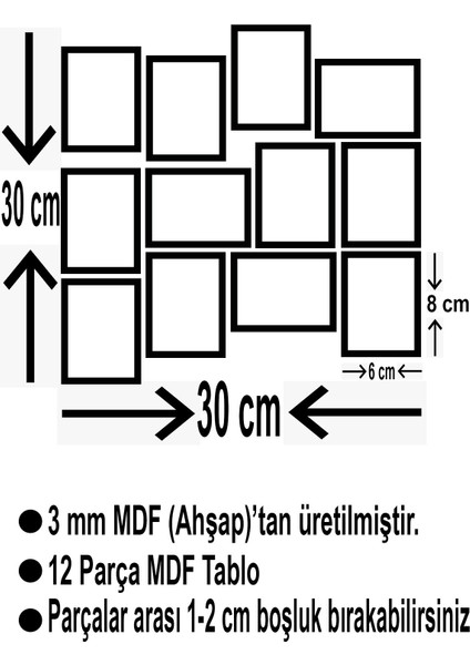 Hayvanlar 12 Parça Mdf (Ahşap) Tablo Ofis Boyu 30 x 30 cm cm