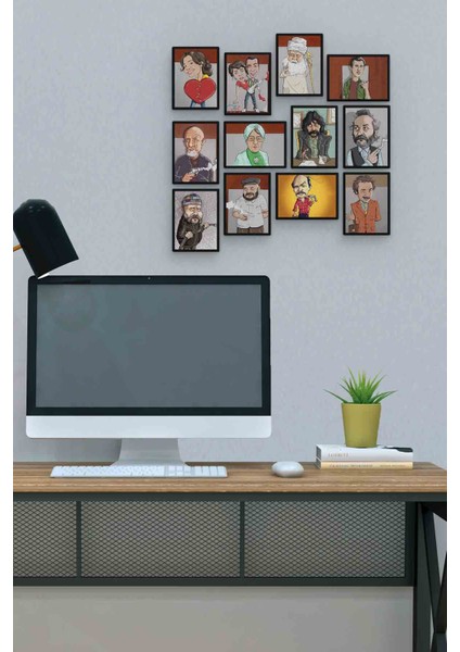 Ünlü Karikatür 12 Parça Mdf (Ahşap) Tablo Ofis Boyu 30 x 30 cm cm