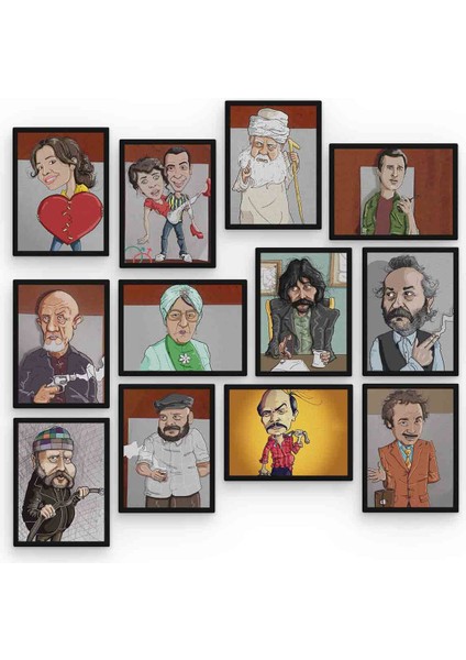 Ünlü Karikatür 12 Parça Mdf (Ahşap) Tablo Ofis Boyu 30 x 30 cm cm