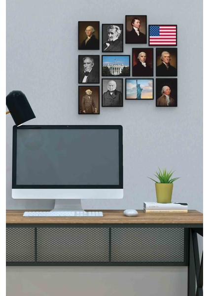 Amerikan Başkanları 12 Parça Mdf (Ahşap) Tablo Ofis Boyu 30 x 30 cm cm