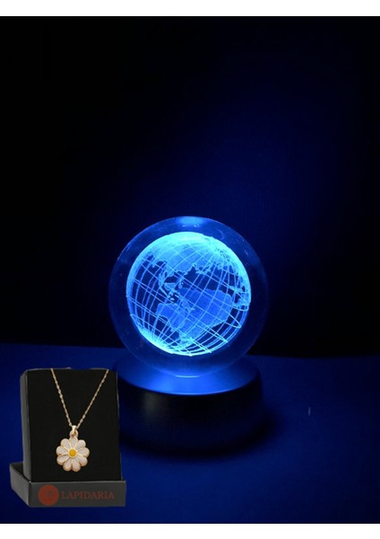 Dünya Temalı Işıklı 3D LED Işıklı Cam Küre ve Papatya Kolye