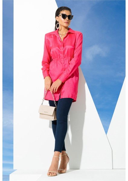 Saten Jakarlı Vatkalı Pembe Gömlek indirimleri