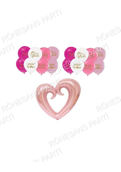 Bride Baskılı Balon ve Ortası Boş Rose Gold Kalp Folyo Balon Seti