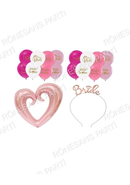 Bride Baskılı Balon Ortası Boş Rose Gold Kalp Folyo ve Brıde Taç Seti