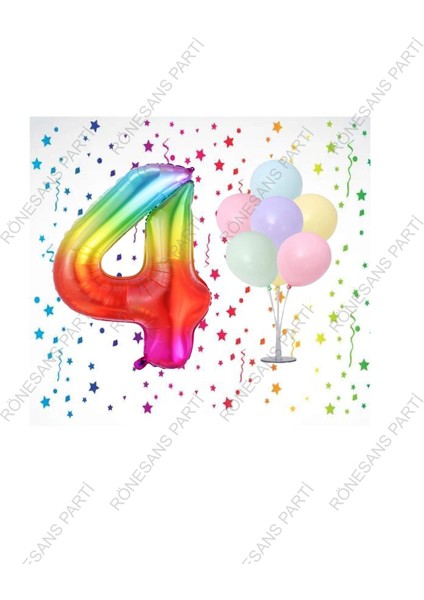 Gökkuşağı Folyo Balon ve Makaron Balonlu Balon Standı 4 Yaş