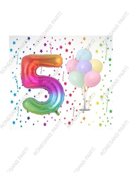 Gökkuşağı Folyo Balon ve Makaron Balonlu Balon Standı 5 Yaş