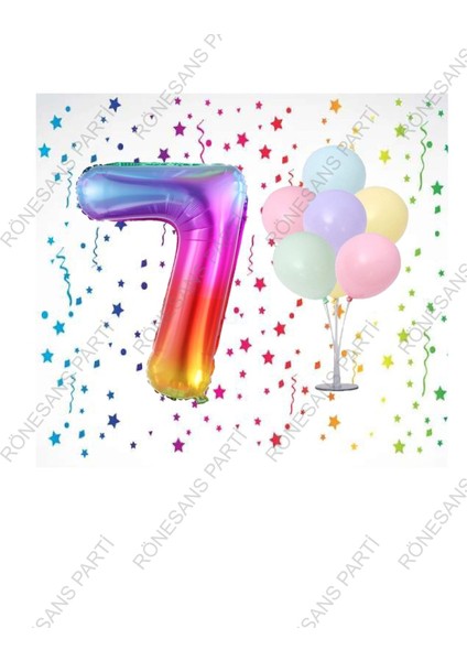 Gökkuşağı Folyo Balon ve Makaron Balonlu Balon Standı 7 Yaş