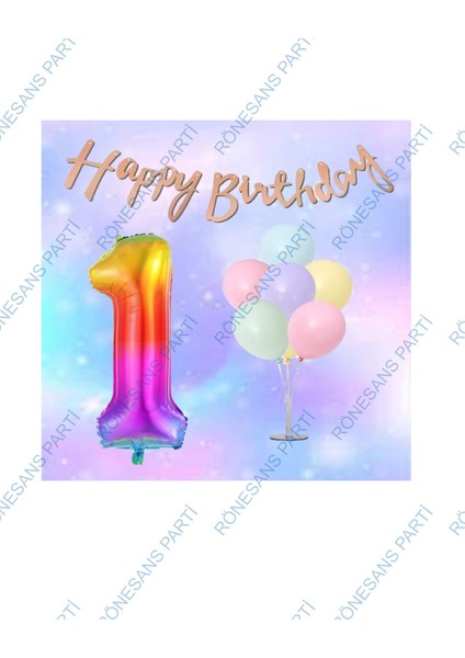 Gökkuşağı Folyo Balon Kaligrafi Banner ve Balonlu Balon Standı 8 Yaş