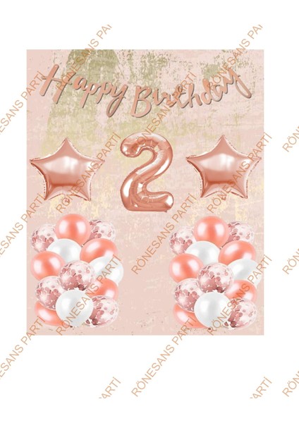 Happy Bırthday Kaligrafi Banner Yıldızlı Balon Seti 2 Yaş