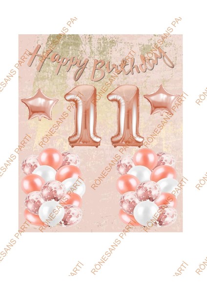 Happy Bırthday Kaligrafi Banner Yıldızlı Balon Seti 11 Yaş