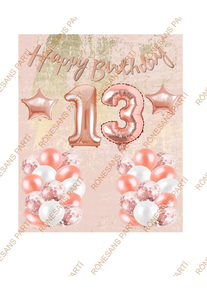 Happy Bırthday Kaligrafi Banner Yıldızlı Balon Seti 13 Yaş